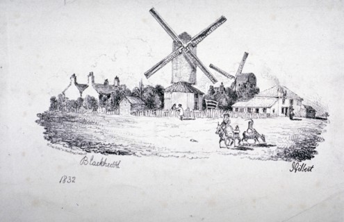 View of Blackheath, showing windmills and buildings, Greenwich, London, 1832. Artist: William Day
