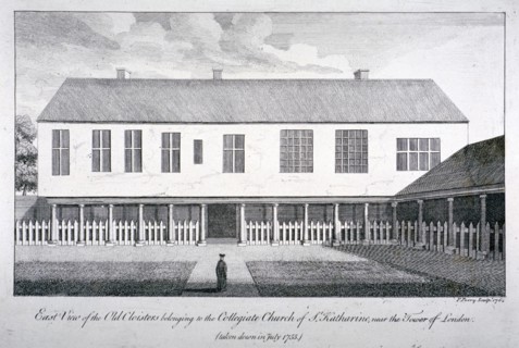 East view of the old cloisters at the Church of St Katherine by the Tower, Stepney, London, 1764. Artist: F Perry