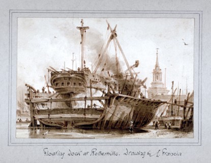 Floating dock at Rotherhithe, London, c1810. Artist: Francois Louis Thomas Francia