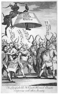 'The City cuckolds & Court horned beasts comparing each other's beauty', 1770. Artist: Anon