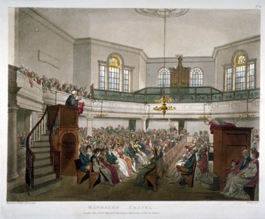 Magdalen Chapel, St George's Fields, Southwark, London, 1809. Artist: Augustus Charles Pugin