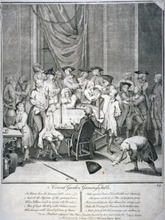 Gaming table scene in Covent Garden, Westminster, London, 1746. Artist: James Hulett