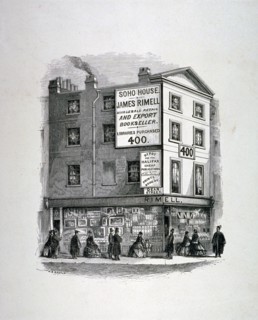 James Rimell's bookshop, Soho House, corner of Dean Street and Oxford Street, London, c1860. Artist: Anon