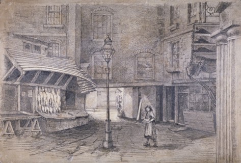 Poulterer's shop in Clare Market, Westminster, London, c1850. Artist: E Holah