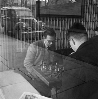 Men playing chess in a cafe, Hampstead, London, 1962-1964