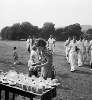 Tea interval at a cricket match, Lewes, East Sussex, 1959