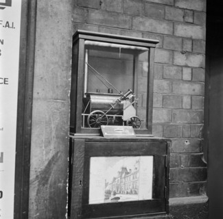 Collection box with model steam locomotive, Victoria Station, London, 1960-1972