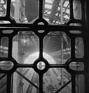 View of St Pancras Station through a leaded window, London, 1960-1972