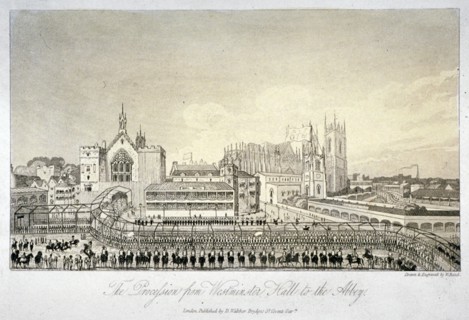 Procession outside Westminster Hall, London, 1821. Artist: W Read