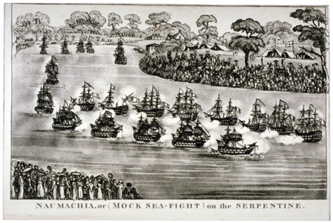 Naumachia, or (Mock Sea-Fight) on the Serpentine', Hyde Park, London, 1814. Artist: Anon
