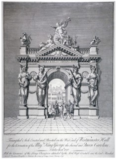 Triumphal arch on the west end of Westminster Hall, London, 1727. Artist: Pierre Fourdrinier