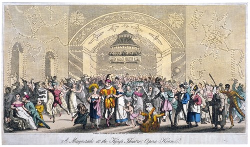 Interior view of a masquerade at the King's Theatre, Haymarket, London, 1821. Artist: Anon