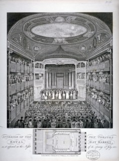 Interior view of the Haymarket Theatre, London, on its opening night in 1821 (1823). Artist: James Stow