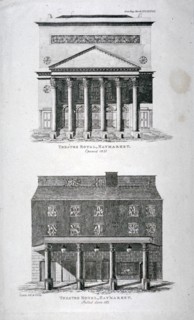 The old and new Haymarket Theatres, Westminster, London, 1822. Artist: Hixon