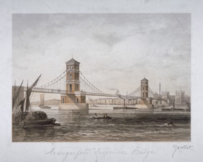 View of Hungerford Suspension Bridge and boats on the River Thames, London, 1854. Artist: Louis Julien Jacottet
