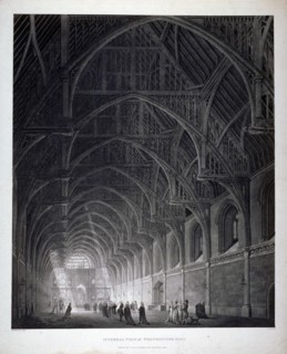 Interior view of Westminster Hall showing the fine hammerbeam roof, London, 1801. Artist: George Hawkins