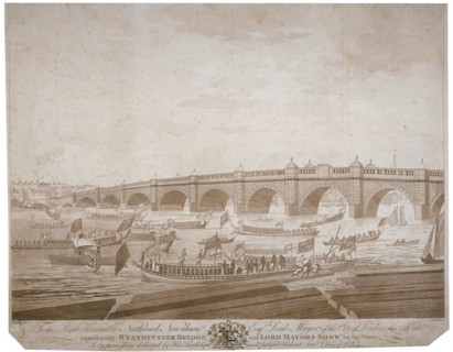 Westminster Bridge with the Lord Mayor's procession on the River Thames, London, 1783. Artist: I Wells