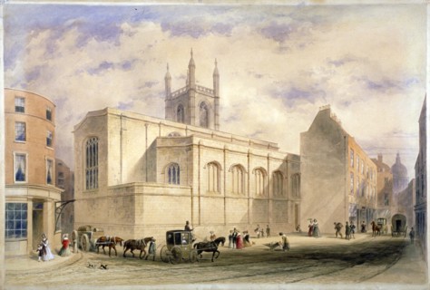 View of St Mary Aldermary with a street scene in Watling Street, City of London, c1850. Artist: Anon