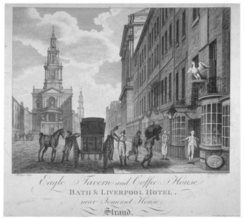 Outside the Eagle Tavern and Coffee House, Bath & Liverpool Hotel, London, c1800. Artist: Peter Mazell