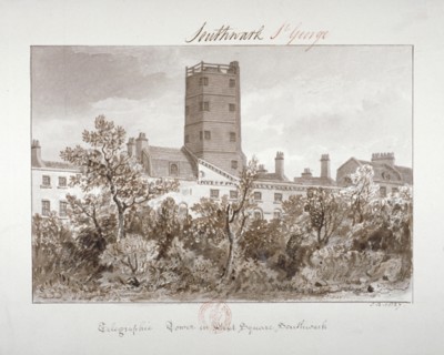 View of telegraphic tower in West Square, Southwark, London, 1827. Artist: John Chessell Buckler