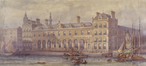 View of Billingsgate Market with figures and boats in the foreground, London, 1877. Artist: CF Kell