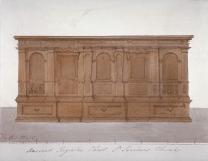 Ancient register chest from Southwark Cathedral, London, 1825. Artist: G Yates