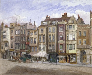 View of commercial premises in the Strand, Westminster, London, 1881. Artist: John Crowther