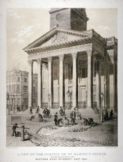 Portico of the Church of St Martin-in-the-Fields, Westminster, London, 1842. Artist: George Scharf