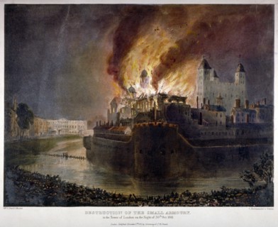 Destruction of the Armoury in the Tower of London by fire, 30 October 1841. Artist: William C Smith