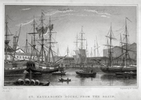 View of St Katharine's Dock from the basin, London, c1830. Artist: Henry Jorden