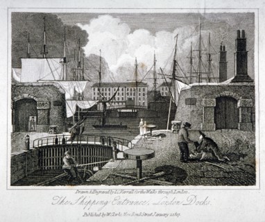 View of the shipping entrance to London Docks, Wapping, 1817. Artist: JC Varrall