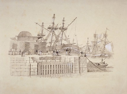 View of the Wapping entrance and south quay of London Docks, c1824. Artist: Henry Moses