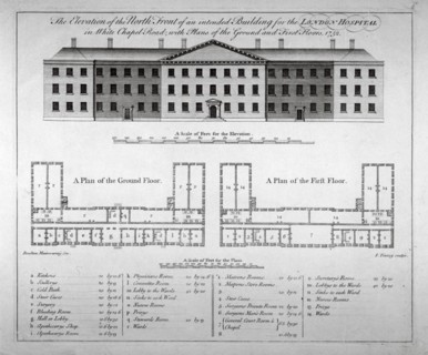 Elevation of the north front and plans of London Hospital, Whitechapel, London, 1752. Artist: John Tinney