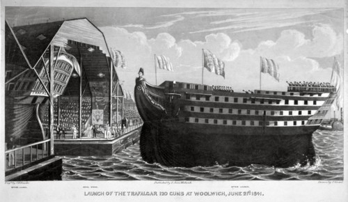 Launch of HMS 'Trafalgar', Woolwich Royal Dockyard, Kent, 1841. Artist: John Henry Banks