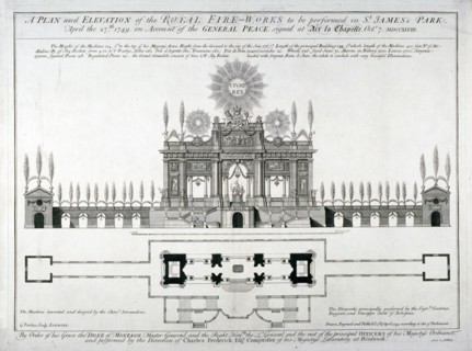 Plan and elevation of the royal fireworks to be performed in St James's Park, London, 1749. Artist: George Vertue