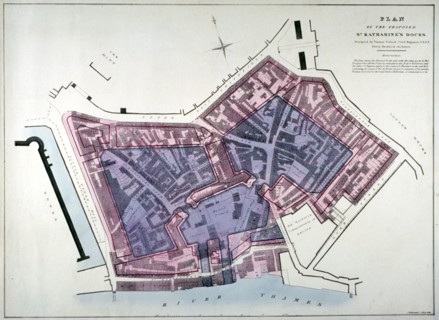 Plan of a proposal to construct a dock on the site of St Katharine's Hospital, London, c1825. Artist: Charles Joseph Hullmandel