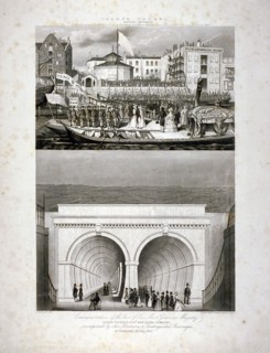 Two views of the Thames Tunnel, commemorating the visit by Queen Victoria, London, 1843. Artist: T Brandon