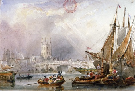 View of the River Thames and water craft below London Bridge, c1825. Artist: Anon