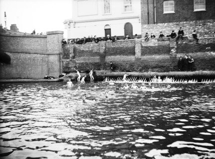 Boys bathing in a sluice on the Grand Union Canal, London, c1905. Artist: Unknown
