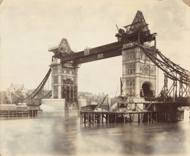 Tower Bridge under construction, London, c1893. Artist: Unknown