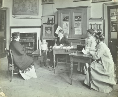 Medical examination of a boy, Holland Street School, London, 1911. Artist: Unknown.