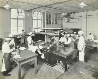 Male cookery students at work in the kitchen, Westminster Technical Institute, London, 1910. Artist: Unknown.