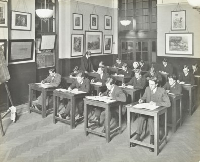 Bookkeeping class for men, Blackheath Road Evening Institute, London, 1914. Artist: Unknown.