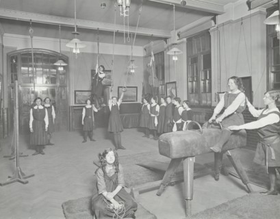 Gymnastics lesson, Laxon Street Evening Institute for Women, London, 1914. Artist: Unknown.