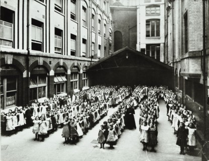 Assembly in the playground, Jews' Free School, Stepney, London, 1908. Artist: Unknown.