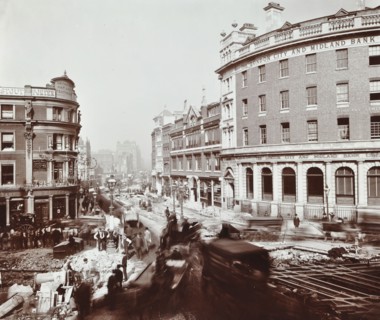 Tramway electrification at the junction of Goswell Road and Old Street, London, 1906. Artist: Unknown.