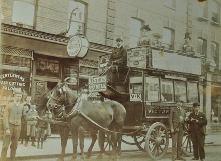 Horse-drawn omnibus and passengers, London, 1900. Artist: Unknown.
