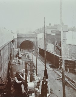 Southern approach to the Rotherhithe Tunnel, Bermondsey, London, September 1906. Artist: Unknown.
