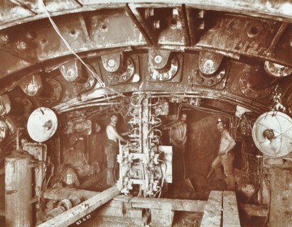 Miners at work on the construction of the Rotherhithe Tunnel, Bermondsey, London, February 1907. Artist: Unknown.