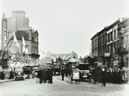Busy street by Stamford Bridge Stadium, (Chelsea Football Ground), Fulham, London, 1912. Artist: Unknown.
